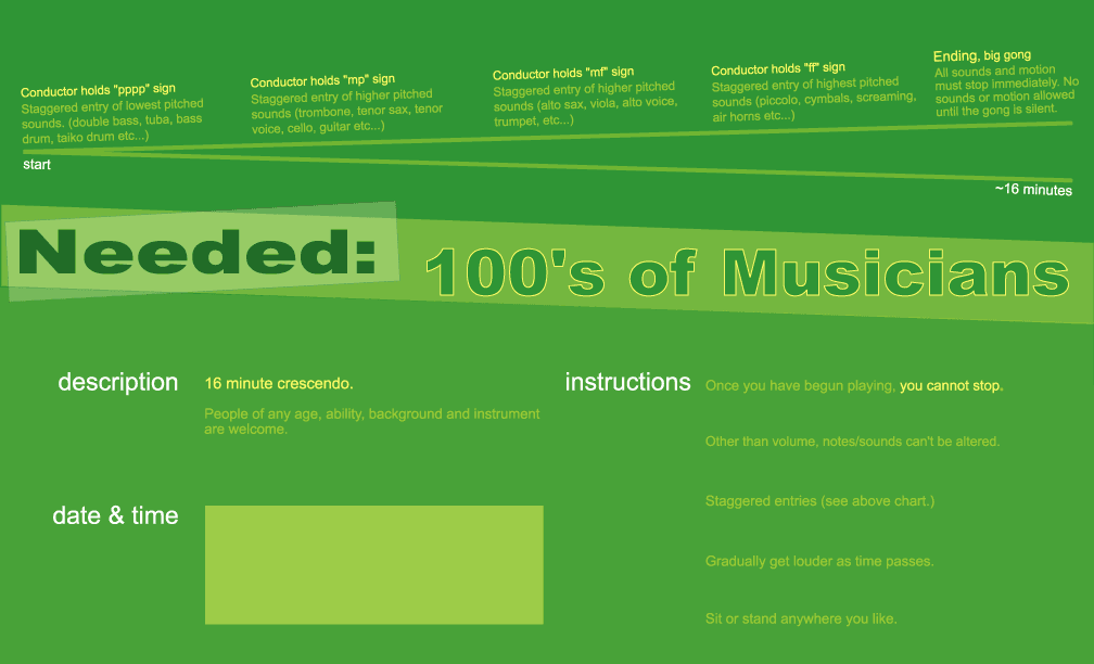 Crescendo Score/Poster saying "Needed: hundreds of musicians"