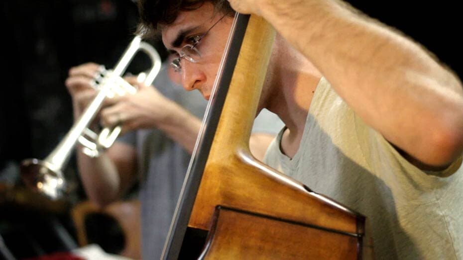 A musician playing an acoustic bass